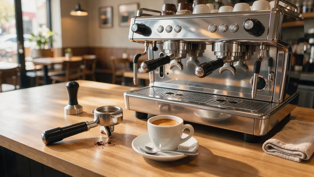 Siebträgermaschine mit Espresso auf einer Café-Theke