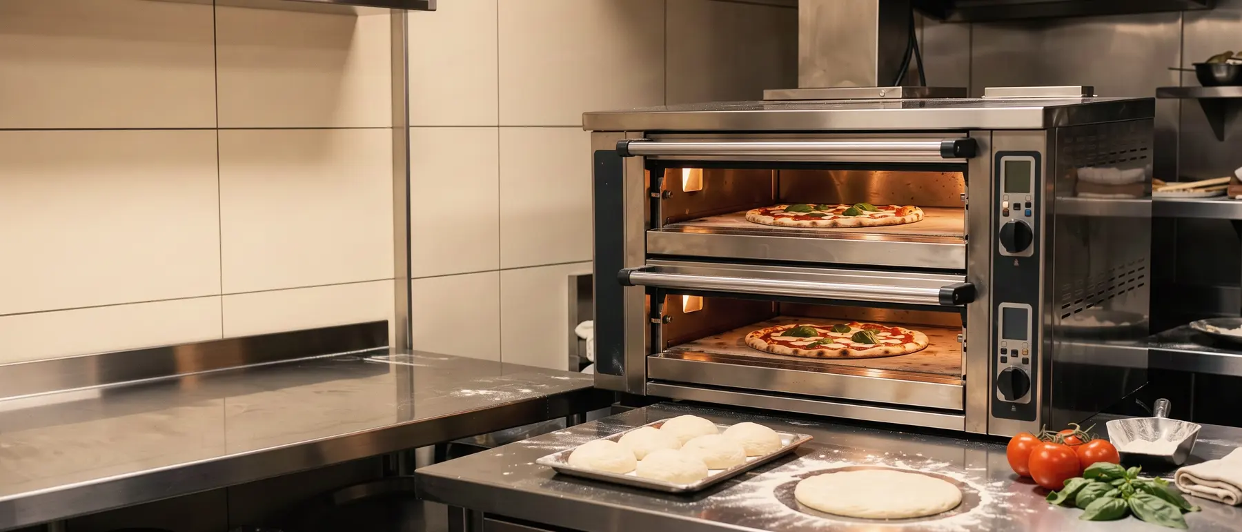 Doppelstock-Pizzaofen mit Pizzen und Teiglingen auf der Arbeitsfläche
